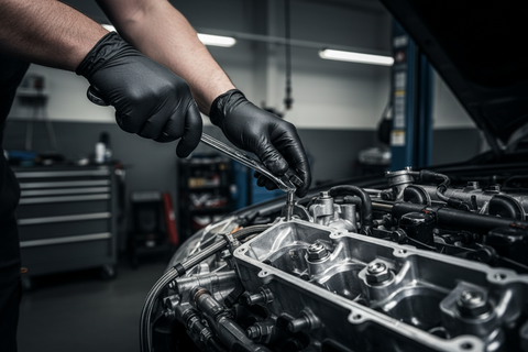 Mechanic wearing ValiantShield nitrile gloves